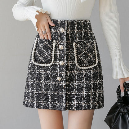 High Waist Single Breasted Women's Tweed Pencil Skirt With Pocket Autumn Winter Plaid Retro Woolen Short Skirts Female