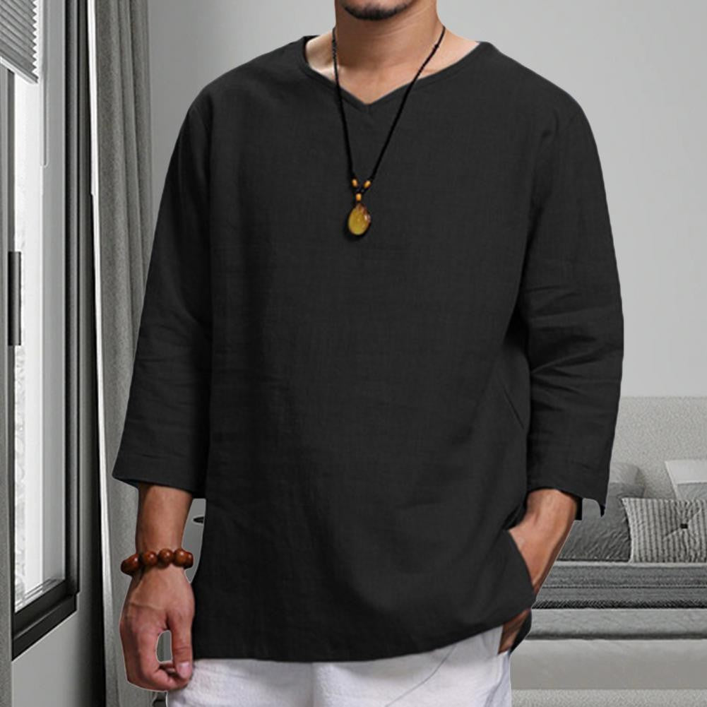 Cotton And Linen Men New 3/4 Sleeve Loose Solid Casual Large Pullover Shirt Leisure Summer Spring Long Sleeves Men Casual Shirt