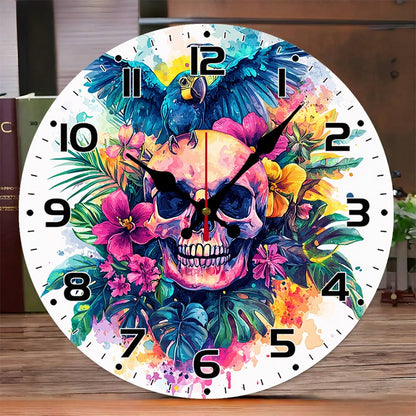 Evil Skull Wooden Round Silent Hanging Wall Clock, Suitable For Living Room, Office, Study Room, Bedroom, Home Decoration