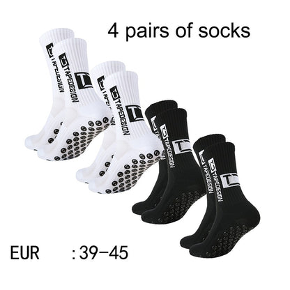 4 pares de meias de futebol coladas TC de cano médio novas para treinamento e competição esportiva, meias antiderrapantes e respiráveis
