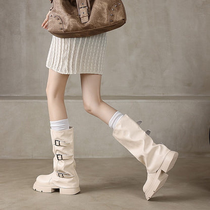 Pleated Buckle Knight Boots for Women Autumn Brown PU Leather Mid Calf Boots Woman Slip-On Thick Heel Riding Botas Mujer 2024