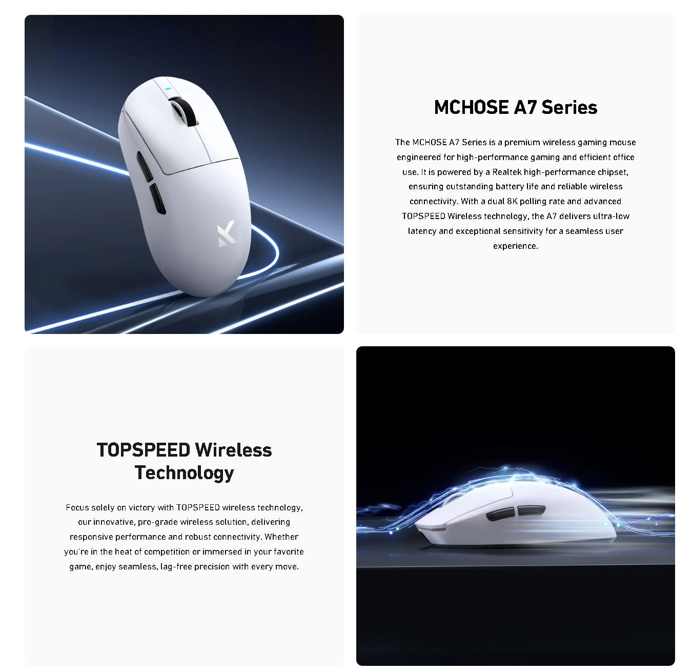 MCHOSE A7 Ultra Mouse Gamer Sem Fio Sensor de Alta Precisão Pixart3950 Design Leve Taxa de Polling de 8000Hz Chip Principal Realtek