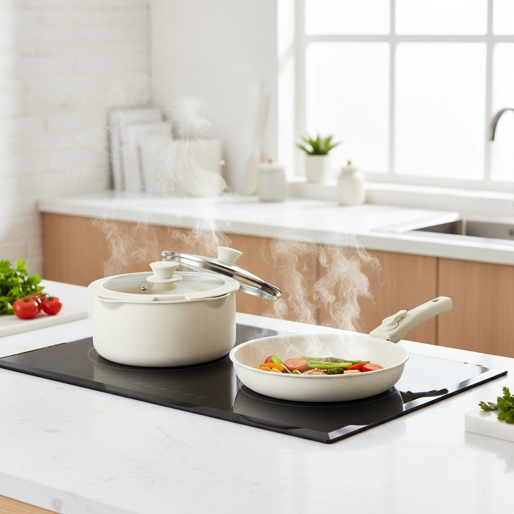 12 Pcs Ceramic Nonstick Cookware Set, Carote Pots and Pans with Removable Handles, Non-Toxic Cow Print Design Kitchen Essentials