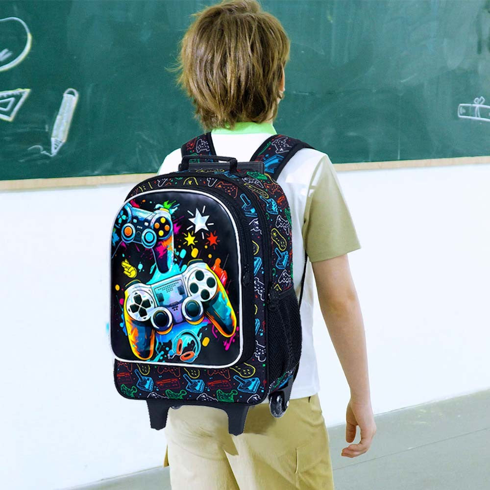 Mochila de Rodinhas para Meninos, 3 PEÇAS Bolsa Escolar com Rodas para Crianças com Lancheira - Game Console