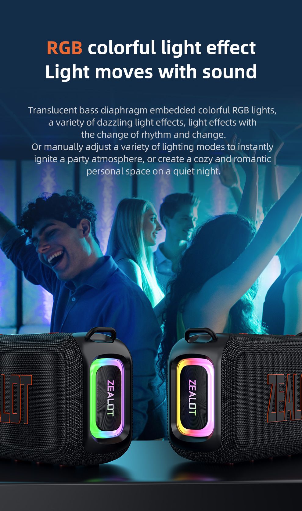 Caixa de som Bluetooth portátil 3D Zealot-S85 50W com diafragma duplo e alça à prova d'água IPX6 para ambientes externos