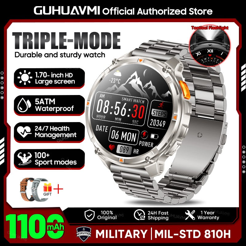 2026 New 1.7-inch Military sports SmartWatch 1100mAh large battery Outdoor compass flashlight 5ATM waterproof BT Call SmartWatch