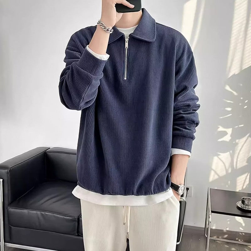 Autumn Vintage Polo Collar Sweater Men's Thickened Loose-Fit Half Zipper Knitwear New Anti-Pilling Flip Pullover Knit Sweaters
