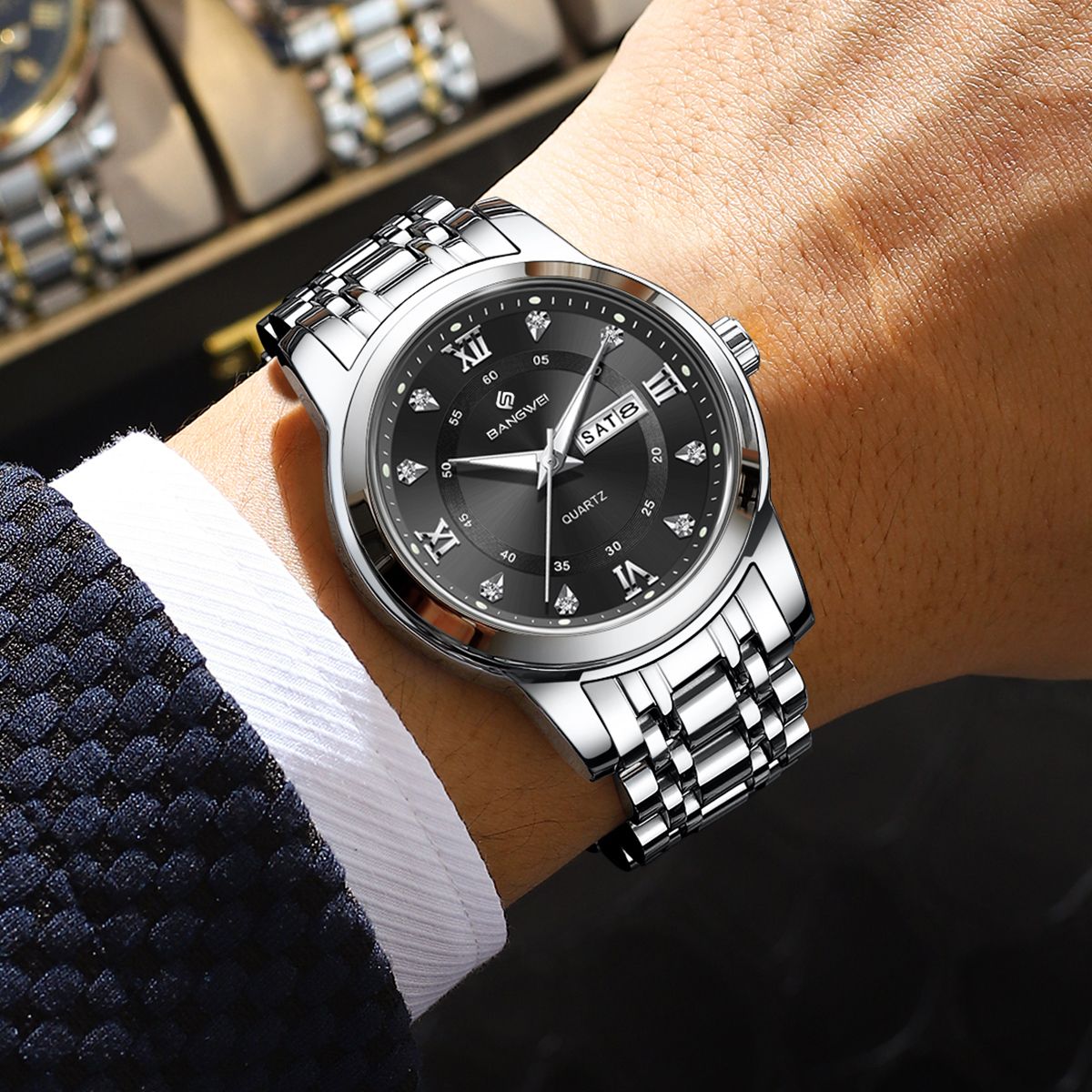 LIGE Brand BANGWEI Quartz Man Watch Fashion Stainless Steel Band Business Luxury Diamond Waterproof Calendar Watches for Men+Box