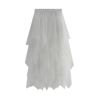 New Fairycore Lady ´s Fashionable Sexy Solid Color Mesh Skirt, Irregular Elastic Tulle Bubble Skirt, Daily Life and Vacation