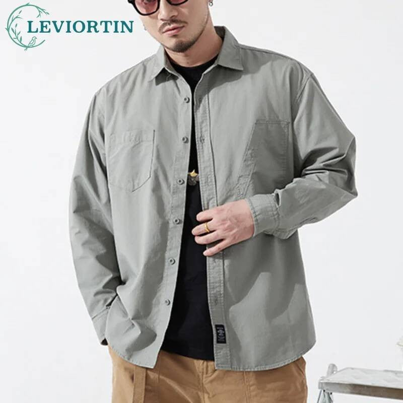 Men's Cargo Shirt Long Sleeve Premium Cotton Solid Color Japanese Streetwear Simple Handsome Chest Pocket Outdoor Work Shirst