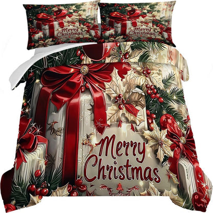Conjunto de Cama de Natal Laço Vermelho Flores Estampadas Capa de Edredom Aconchegante Tamanho King Queen Solteiro Presente de Ano Novo Natal Decoração de Quarto