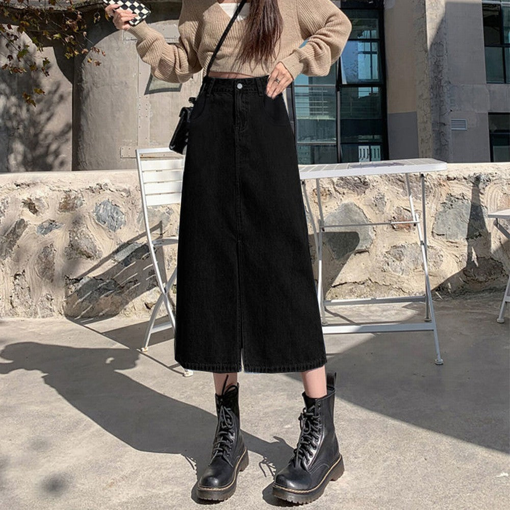 Summer Women High-waist Retro A- line Skirt Pockets Front Slit Washed Blue Denim Skirts Hip-covering Straight Long Jeans Skirt