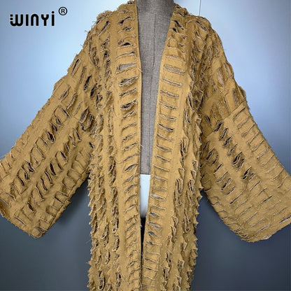 WINYI new maxi kimono coat for women OverCoat hole denim cardigan long down coat cover up beach outfits woman abaya dubai luxury