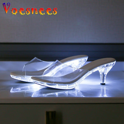6CM Women's Kitten Heels LED Light Sandals Nightclub Slim Heel Transparent Crystal Car Model Shining High Clear Beach Slippers