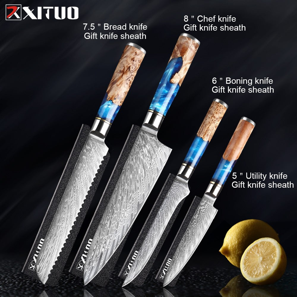 XITUO Kitchen Knives Set Damascus Steel VG10 Chef Knife Cleaver Paring Bread Knife Blue Resin Stabilised Wood Handle 1-7PCS set