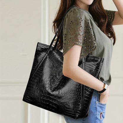 Stylish Women's Tote Bag, Retro Crocodile Pattern Handbag Shoulder Bag, Suitable for Shopping, Dating, Outings, Work Commuting
