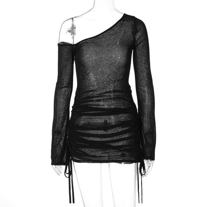 ALLNeon Fairycore White Perspective Oblique Shoulder Long Sleeve Mini Dress Hots