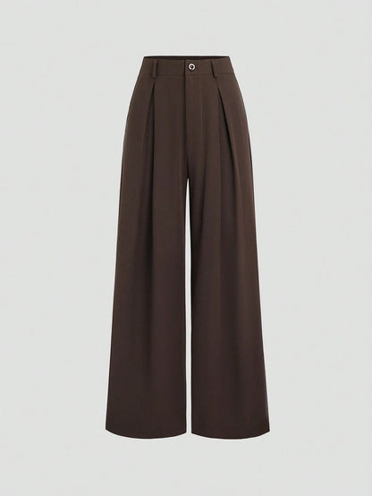 Women's Elegant Jacquard Pleating Wide-Leg Pants Office/Commuting Solid Color Loose Casual Suit Pants, Autumn/Winter