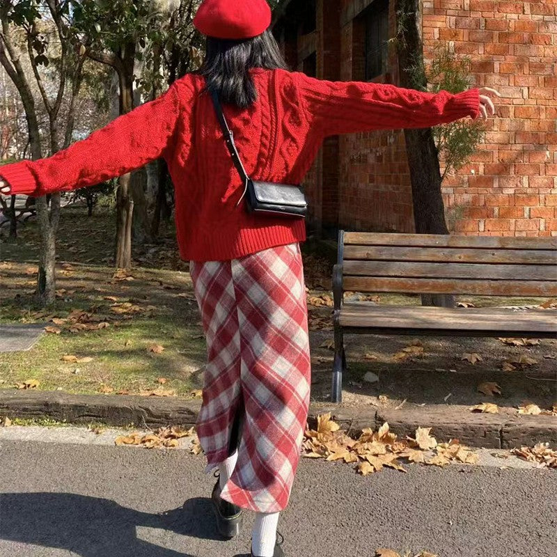 2025 Autumn Vintage Woolen Plaid Skirts Lady Elegant High Waist Slimming A-Line Skirt Women Korean Streetwear Slit Long Skirt