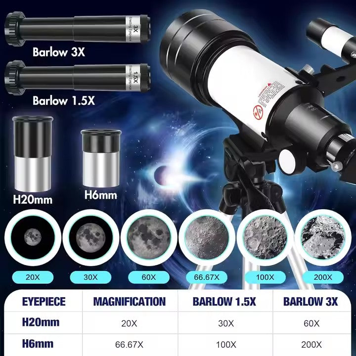 Telescópio Monocular 70300 com Tripé e Adaptador para Celular, Telescópio Portátil para Aventuras de Observação de Estrelas!