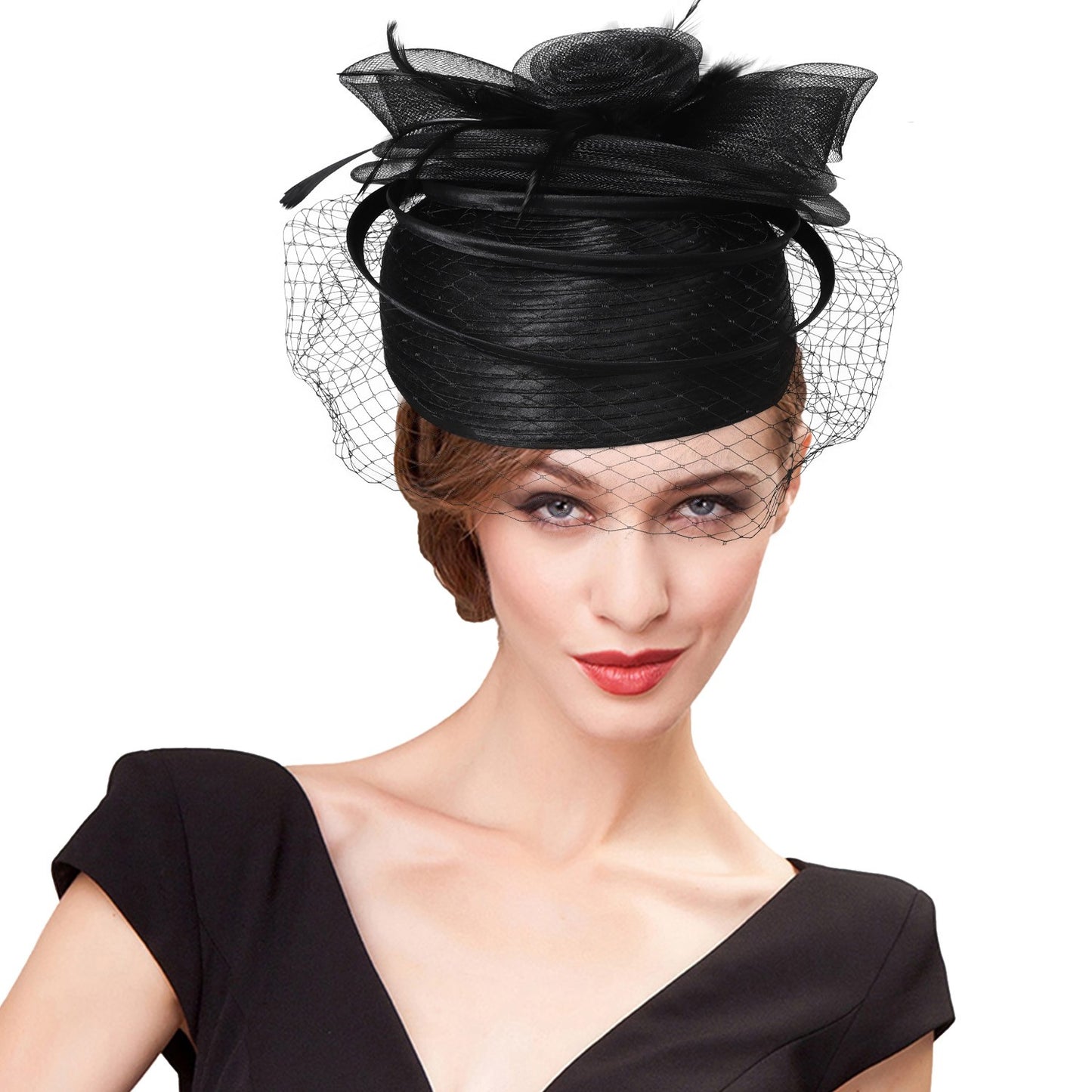 FS Casamento Igreja Chapéus Vermelhos Fascinadores Para Mulheres Com Véu de Pena Festa Coquetel Adorno de Cabeça 2025 Senhora Elegante Chapéu Kentucky Derby