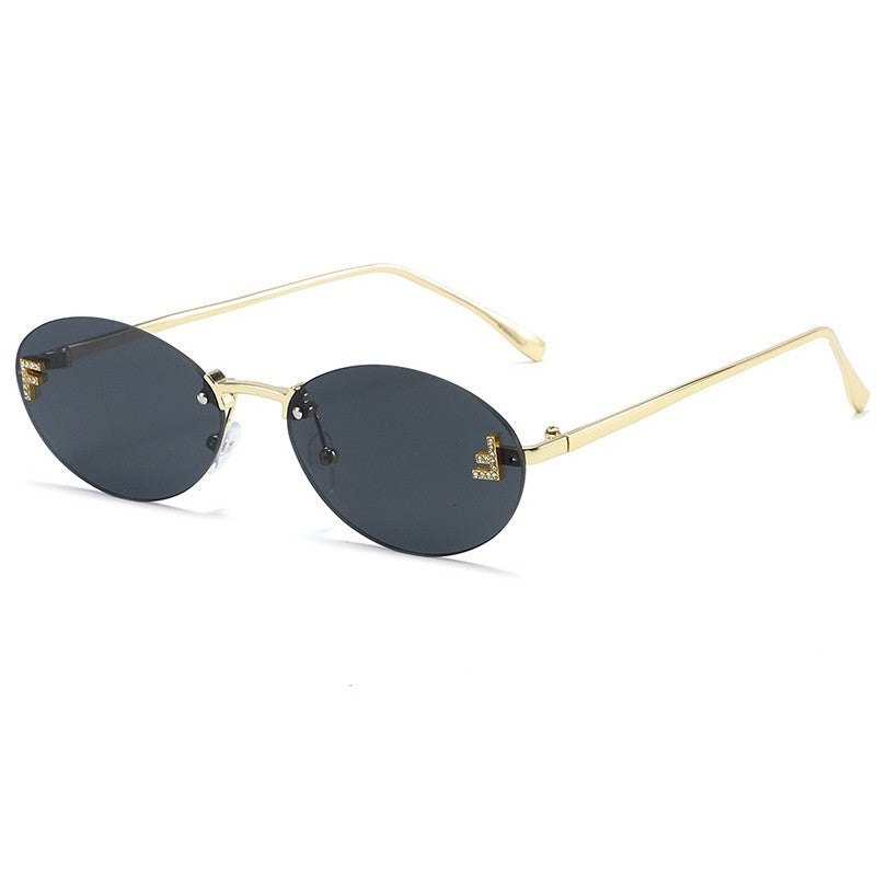 Diamond Letter "F" Rimless Sunglasses Women Luxury Brand Metal Frame Black Small Oval Sun Glasses Unsiex Elegant Shades UV400