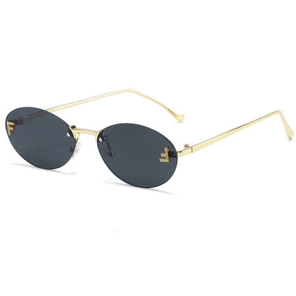 Diamond Letter "F" Rimless Sunglasses Women Luxury Brand Metal Frame Black Small Oval Sun Glasses Unsiex Elegant Shades UV400