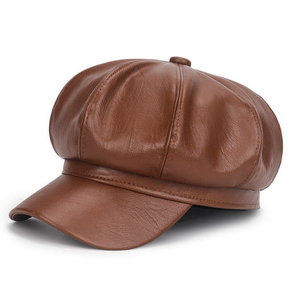 Winter Black PU Leather Hat for Women Vintage Hip Hop Trucker Cap Fashion Casual Beret Octagonal Hat