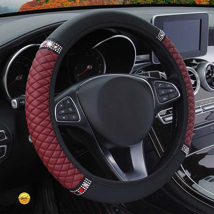 Four Seasons Universal Car Steering Wheel Cover 37-38cm Leather Embroidered Color Diamond-Studded Elastic Steering Wheel Cover