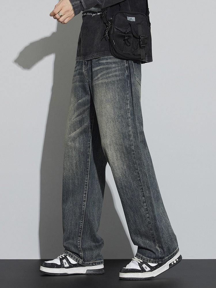 Calças Jeans Masculinas Folgadas de Algodão Perna Larga Retrô Estilo Urbano Coreano Reta Lavada Calças Jeans de Marca de Alta Qualidade