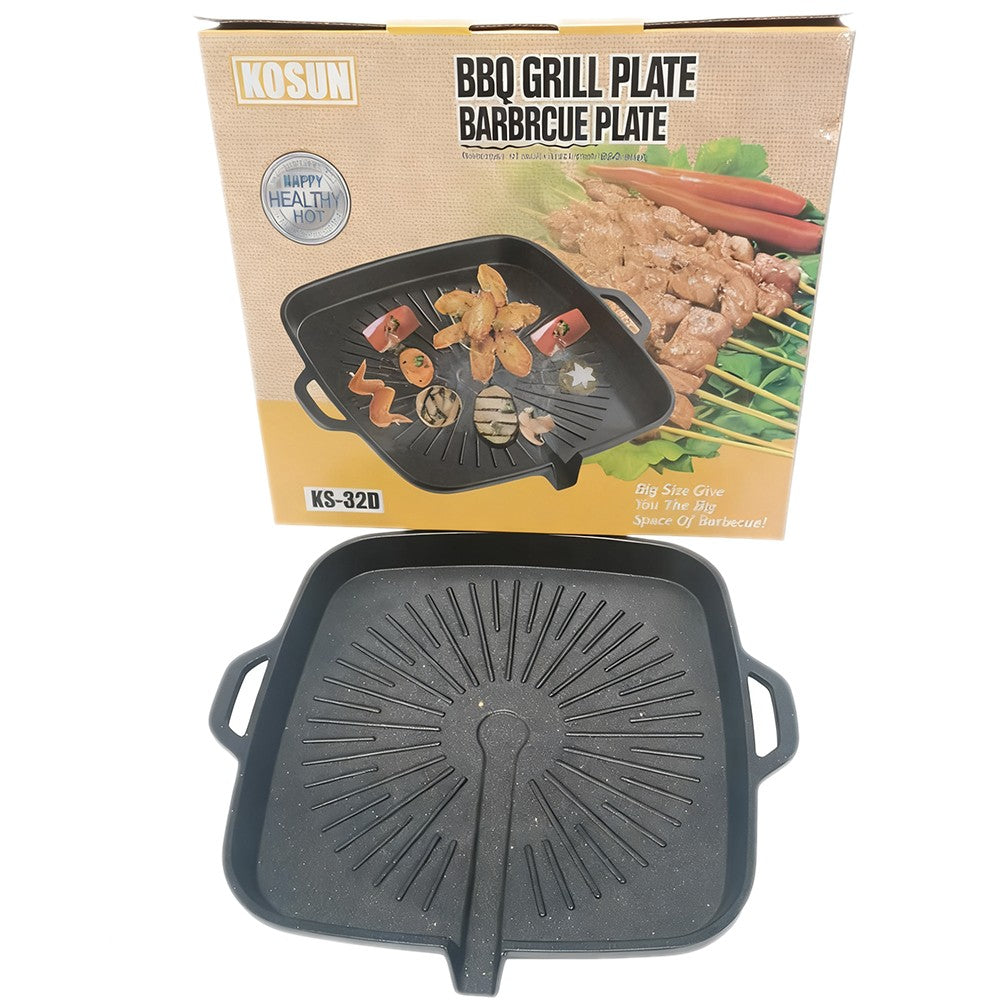 KOSUN Non-stick Barbecue Pan Stone Coated Cast Aluminum Korean Grill Pan Guipan Pot with Pour Mouth for Gas and Induction Stove