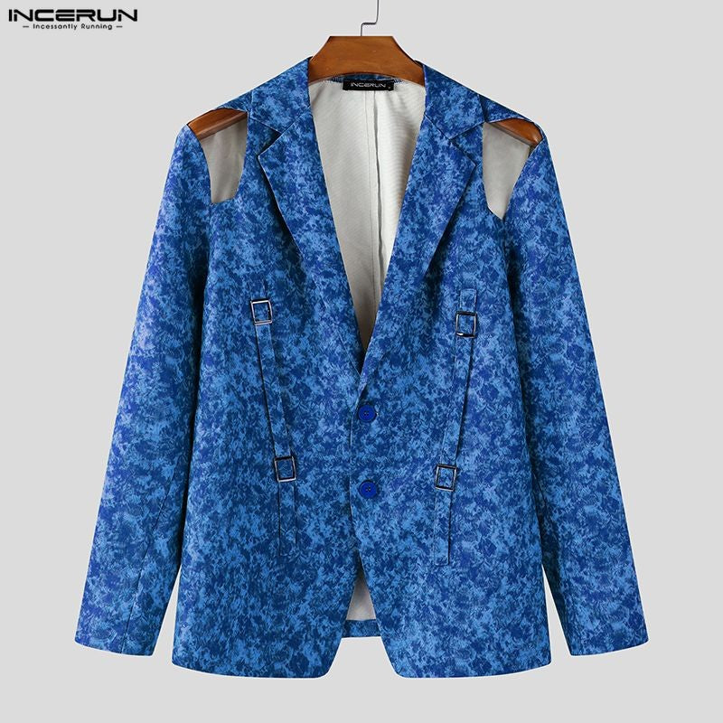 INCERUN Men Blazer Printing Hollow Out Lapel Long Sleeve Male Suit Streetwear Elegant Fashion Casual Thin Coats Men Blazer S-5XL