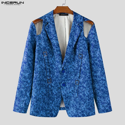 INCERUN Men Blazer Printing Hollow Out Lapel Long Sleeve Male Suit Streetwear Elegant Fashion Casual Thin Coats Men Blazer S-5XL