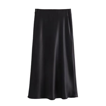 XNWMNZ Women's Fashion 2023 Flowing Satin Midi Skirt Women Vintage Elastic High