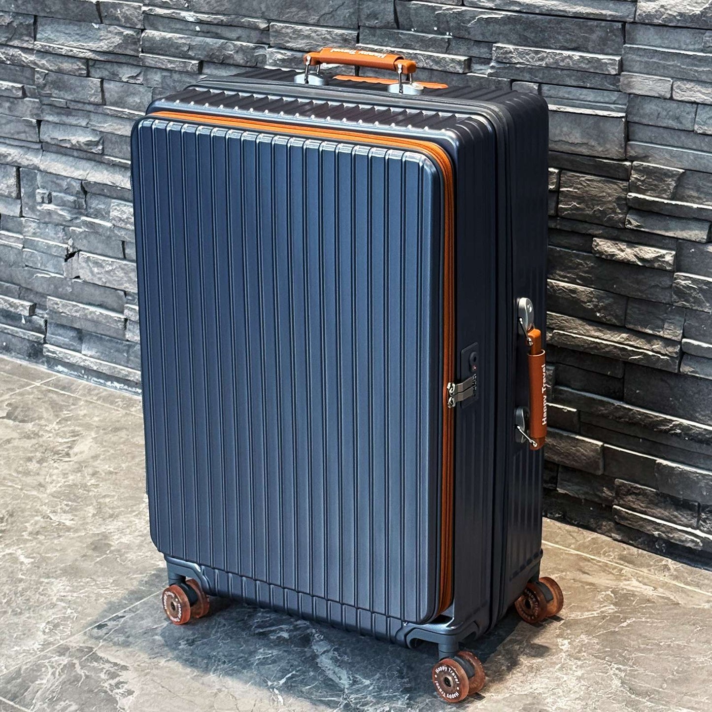 1-Piece Set of Front-Opening Suitcase with Jelly Wheels, Trolley Case with 5cm Expansion Layer, Leather Handle, Luggage with Phone Holder, Foldable Cup Holder, Side Hook Function, Customs Lock, Suitable for Outdoor Beach Vacations and Long-Distance Travel
