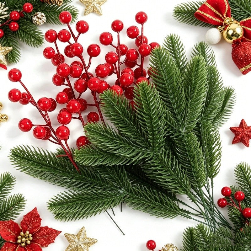 10Pcs Artificial Pine Branches Holly Berries Red Berry Branches for Xmas Tree Decor Wreath Navidad Gift Christmas Decoration