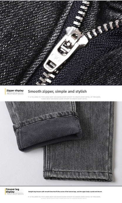 Calça Jeans Masculina de Inverno Slim Reta Elástica Jeans Casual Masculino Roupa Moda Calça Pelúcia Nova Moda Jeans Quente