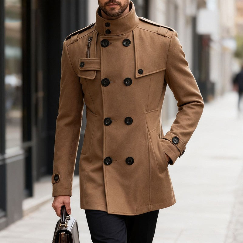 Men's Double-breasted Woolen Overcoat Fashion Solid Color Mid-length Jacket Luxury Light Business Stand Collar Trench Coat M-3XL