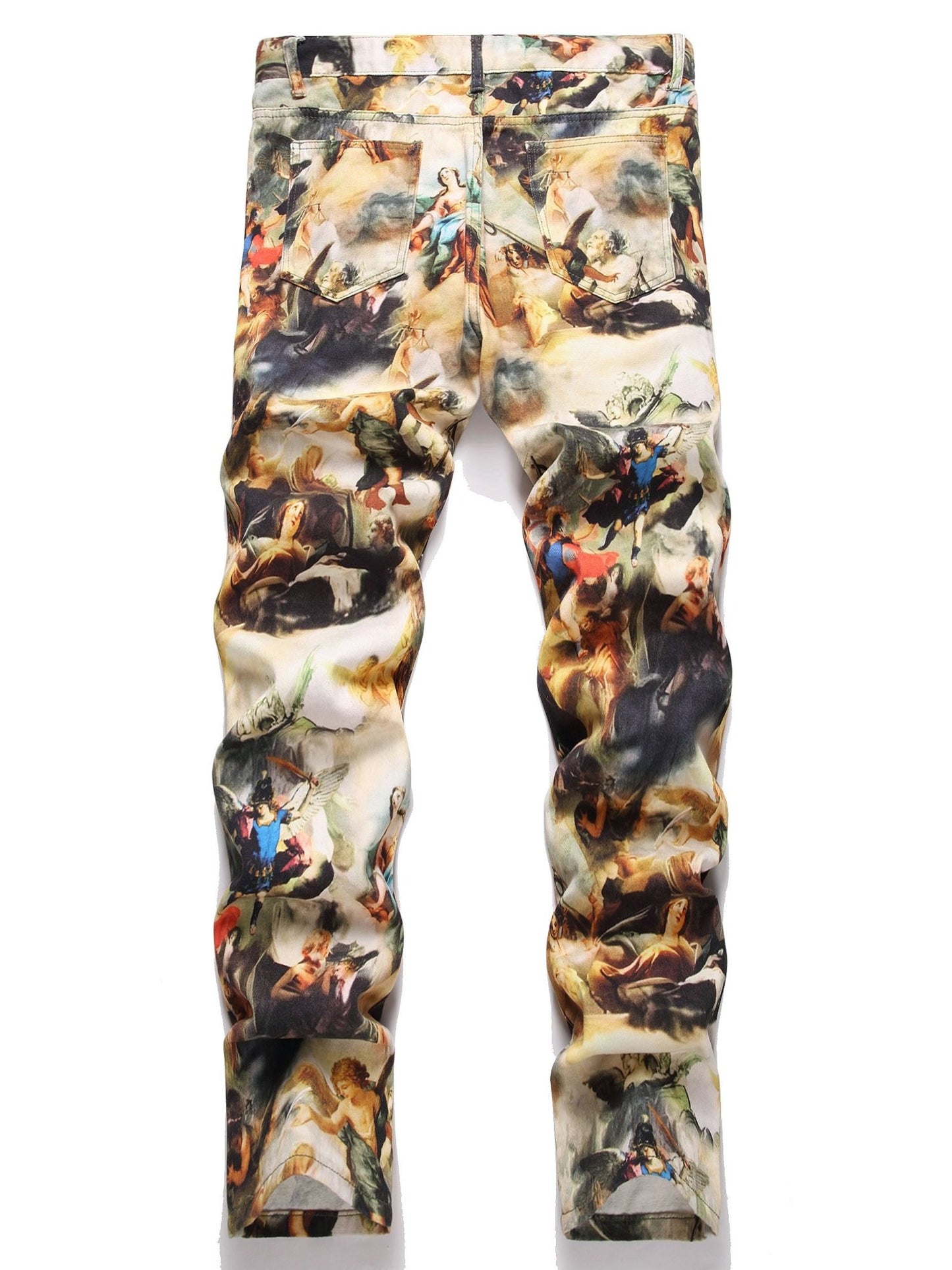 Men's creative oil painting printed jeans, European retro denim straight leg pants