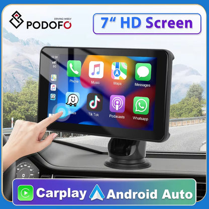 Podofo 7" Wireless CarPlay Player Android Auto IPS Multimedia Player FM Radio Bluetooth Intelligent System Autoradio 2din Stereo