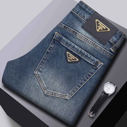 Milão Qualidade Premium Europeia Outono/Inverno Calças Jeans Masculinas Emagrecem Sua Silhueta Solta Reta Elástica Vintage