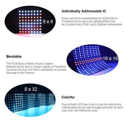 1~5Pcs WS2812B 8x8 16x16 RGB LED Digital Flexible Individually Addressable Panel Screen WS2812 8x32 Smart Pixel Module Matrix 5V