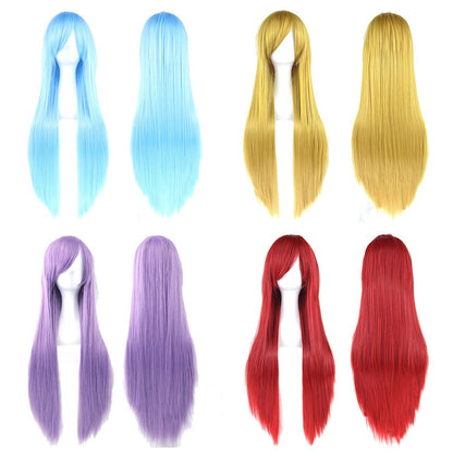 Perucas de Cosplay de 80cm de Comprimento Sintéticas Brancas Roxas Perucas Verdes Lisas Prateadas Postiço Rosa Peruca Lolita Personalizada com Franja
