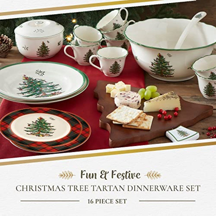 Christmas Tree 16-Piece Tartan Dinnerware Set (Service for 4) - Festive Holiday Tableware Collection with Plates, Bowls, Mugs -