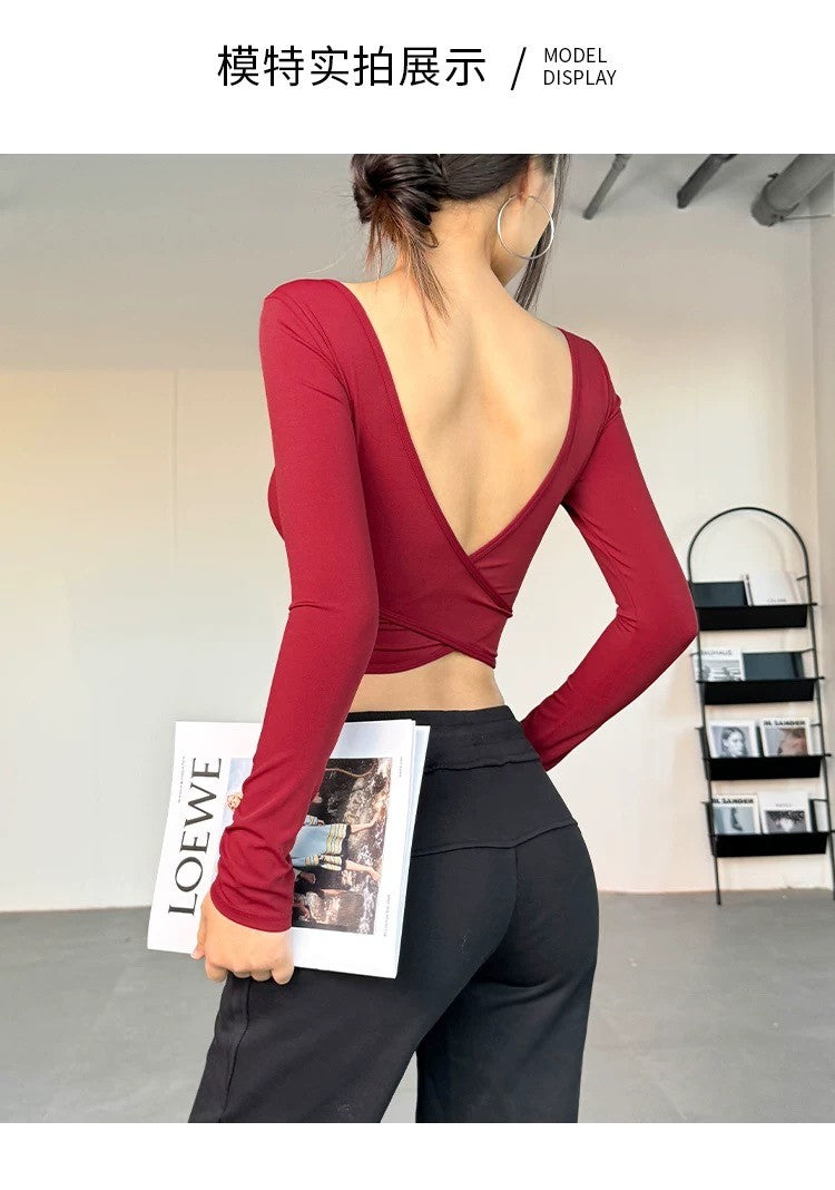 All-in-one deep V open back sexy sports top running training yoga wear slim fit slim casual fitness long sleeves