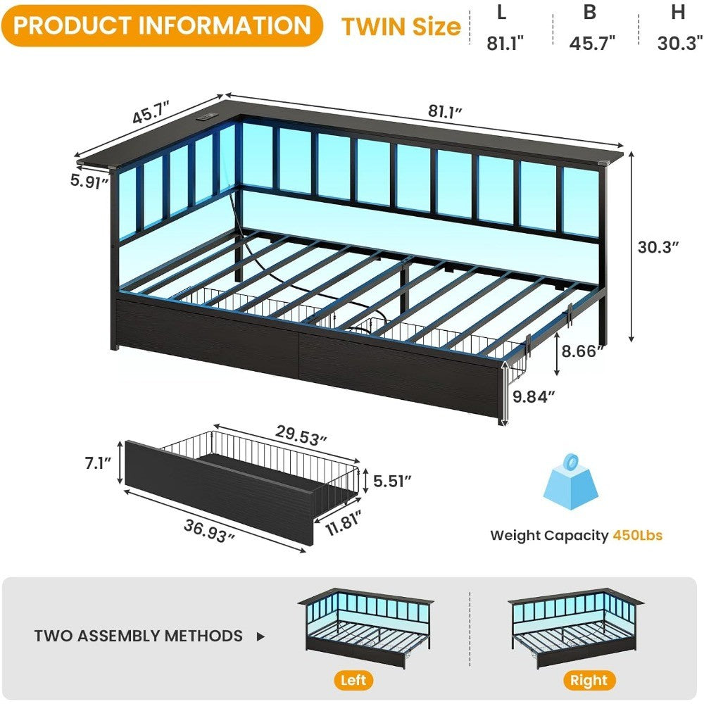Corner Twin Bed Frame with 2 Storage Drawers and Charging Station,Metal Twin Size Platform Bed Frame with Storage Shelves