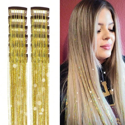 Pacote de 12 Unidades de Cabelo Extensor com Presilha, Tinsel Colorido com Brilho, Extensões de Cabelo de Fada, Acessório Cintilante para Festa de Mulheres, Meninas e Crianças
