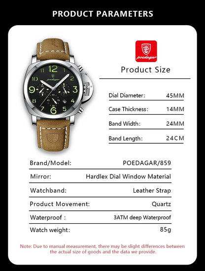 POEDAGAR Top Luxury Fashion Watch For Men Waterproof Luminous Chronograph Man Watch Leather Military Men's Quartz Watches Reloj