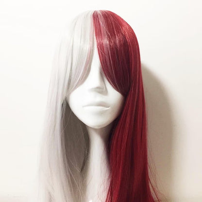 Unisex Half Red Half White Two Tone Long Straight Synthetic Hair Cosplay Wig