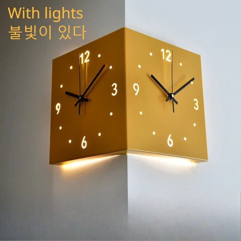 Creative Light Sensor Corner Wall Clock Square Simple Double Sided Wall Clock with Arabic Numeral Scale Analog Silent Wall Clock